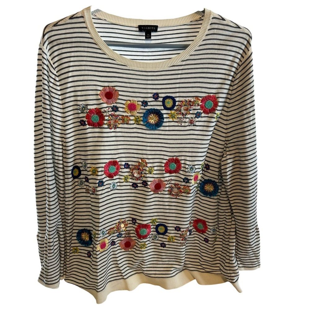 Talbots women’s sweater has embroidered flowers, and is beaded